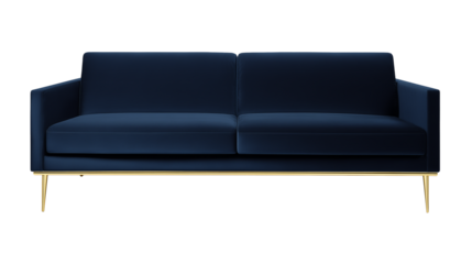 Modern sofa with deep blue upholstery and gold legs on transparent background