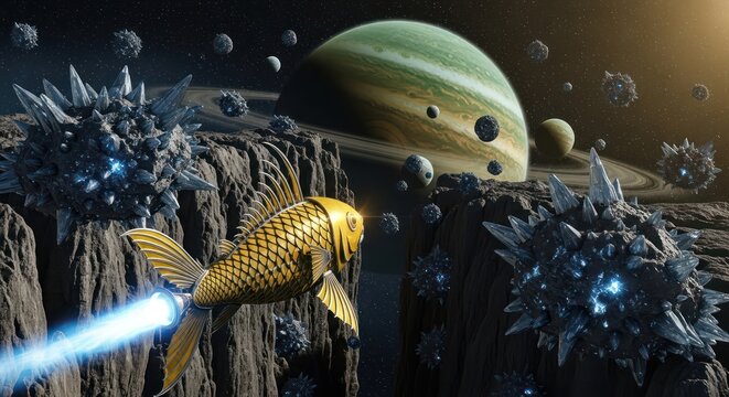 Golden Spacefish soaring through a surreal alien landscape with cosmic planet backdrop - Powered by Adobe