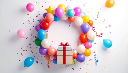 Colorful balloons form a circle around a gift box, confetti falling on a white background