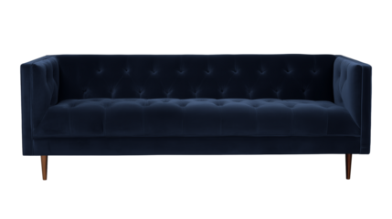 Luxurious deep blue velvet sofa with light brown wooden legs on transparent background