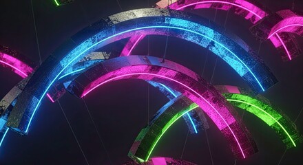 Abstract glowing neon light arcs in vibrant blue, pink, and green colors against a dark background