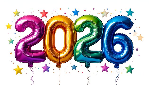 Colorful balloons forming "2026" with star confetti, perfect for New Year's celebrations