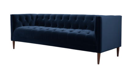 Luxurious deep blue velvet sofa with tufted backrest and dark wood legs on transparent background