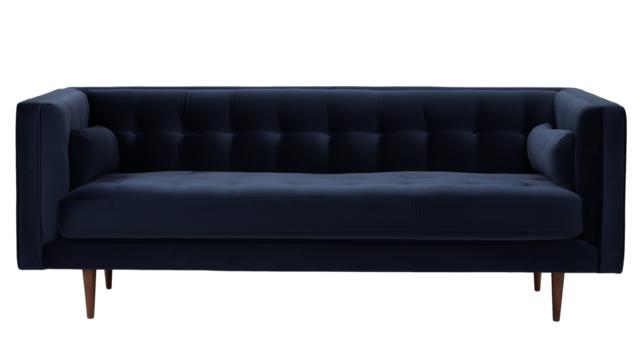 Modern dark blue velvet sofa with wooden legs on transparent background