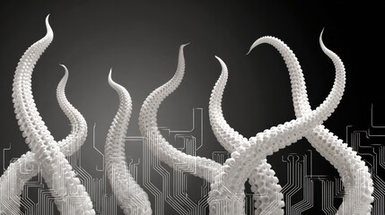 Futuristic Octopus Tentacles Connecting to Circuit Ports in a Black Gradient Cyber Environment
