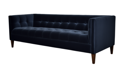 Elegant dark blue velvet upholstered sofa with tufted buttons and wooden legs on transparent background