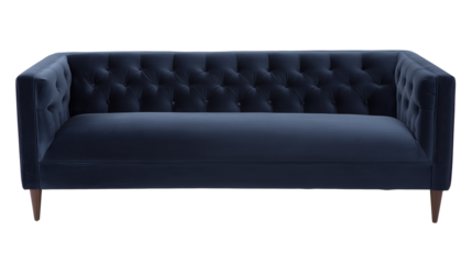 Modern Upscale Sofa with Deep Blue Fabric and Tapered Wooden Legs on Transparent Background