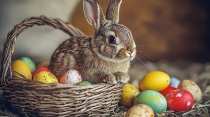 Adorable brown bunny sitting in a wicker basket with colorful easter eggs