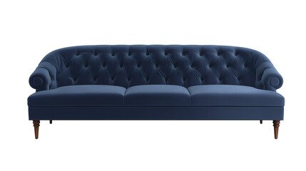 Luxurious Chesterfield-style sofa with deep blue upholstery and diamond-tufted pattern on transparent background