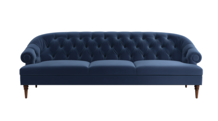 Luxurious Chesterfield-style sofa with deep blue upholstery and diamond-tufted pattern on transparent background