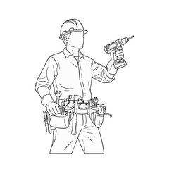 A construction worker, wearing a hard hat and tool belt, holds a drill, ready to perform some home improvement or construction tasks in this illustrative image.
