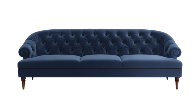 Luxurious Chesterfield-style sofa with deep blue upholstery and diamond-tufted pattern on transparent background - Powered by Adobe