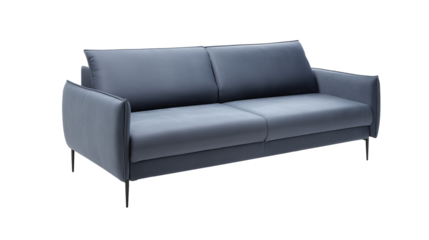 Modern minimalist gray sofa with metallic legs on transparent background