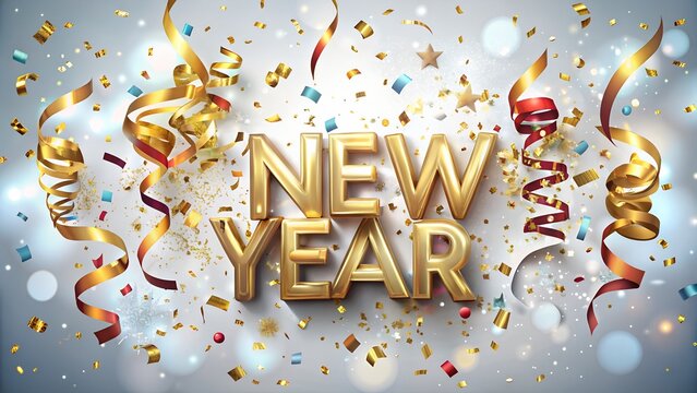 New year celebration with golden confetti and ribbons creating festive background for holiday greetings and invitations festive abstract concept