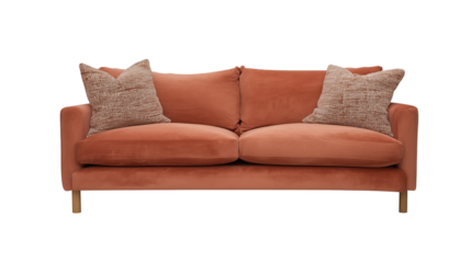 Minimalist sofa with earthy orange upholstery and gold-toned legs on transparent background