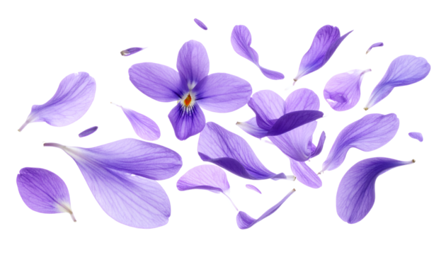 An elegant arrangement of a single purple violet flower and its delicate petals gracefully flying on a clean white background