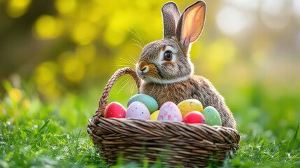Adorable easter bunny with a basket of colorful eggs in a spring garden