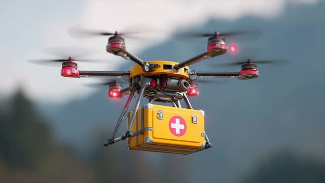 Generative AI. Drone equipped with medical supplies, flying over mountainous terrain, showcasing advanced technology and emergency response capabilities in a dynamic outdoor environment