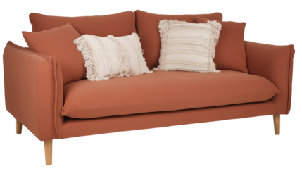 Modern terracotta sofa with cream throw pillows and wooden legs on transparent background