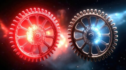 Two intricately designed gears, one glowing red and the other blue, are positioned in a cosmic nebula with glowing particles and clouds, suggesting a powerful i