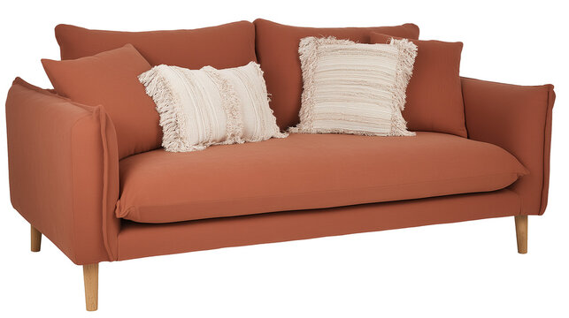 Modern terracotta sofa with cream throw pillows and wooden legs on transparent background