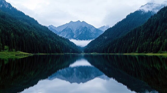 A calm, reflective lake mirrors the surrounding pine-covered mountains and a misty, overcast sky, creating a symmetrical and tranquil natural landscape.