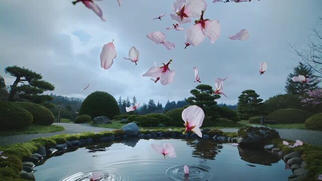 Floating pink petals over tranquil garden pond and cloudscape
