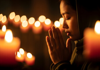 Close-up of woman with hands in prayer, warm candlelight bokeh background. Spiritual meditation, hope and faith in serene, candle-lit atmosphere concept.