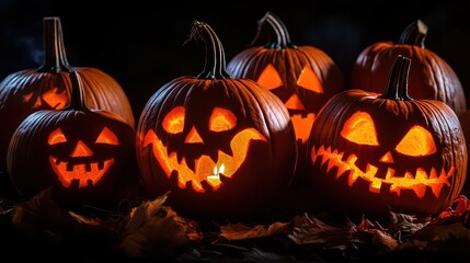 Glowing jackolanterns illuminating the dark night for halloween