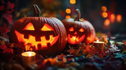 Spooky jackolanterns glowing in the dark with autumn leaves and candles