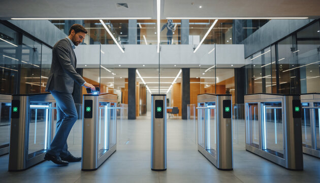 Businessman entering modern office building through automated security turnstile gate.