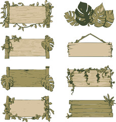 Wooden sign boards sketch hand drawn with tropical leaves and vines. Vector illustration