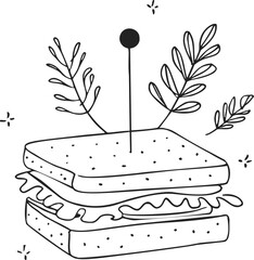 Sandwich sketch hand drawn with leafy garnish and toothpick. Vector illustration