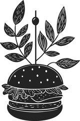 Burger with leafy plant skewer, sketch hand drawn, black and white graphic. Vector illustration