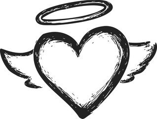 Heart with wings and halo, sketch hand drawn style, black and white. Vector illustration