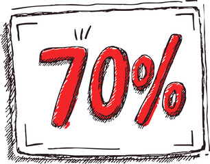 70 percent discount sign, hand drawn sketch style with red bold numbers. Vector illustration