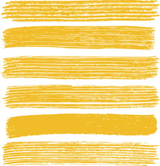 Yellow brush strokes sketch, hand drawn horizontal paint lines, grunge textured set. Vector illustration