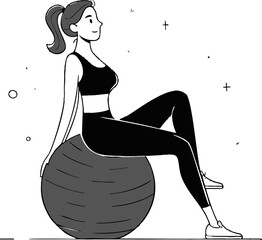 Woman sitting on exercise ball, hand drawn sketch, fitness and wellness. Vector illustration