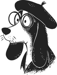 Dog wearing beret and glasses sketch, hand drawn cartoon portrait. Vector illustration
