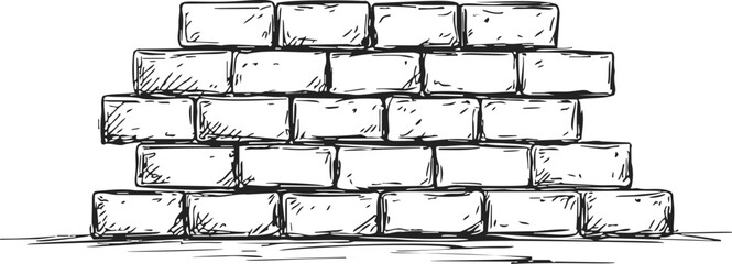 Brick wall sketch, hand drawn style, simple stacked bricks with rough lines. Vector illustration