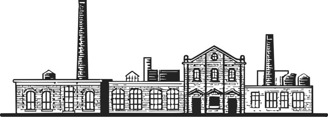 Factory building sketch, hand drawn industrial architecture with chimneys and windows. Vector illustration