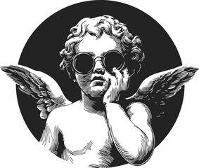 Cherub wearing sunglasses sketch, hand drawn, cool angel with wings in black circle. Vector illustration