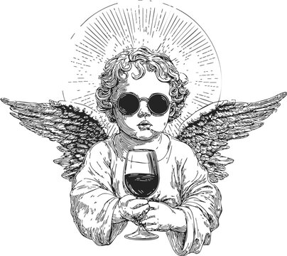 Angel cherub sketch wearing sunglasses holding wine glass, hand drawn vintage style. Vector illustration