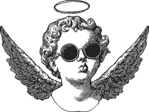 Angel cherub wearing sunglasses sketch, hand drawn vintage style with wings and halo. Vector illustration