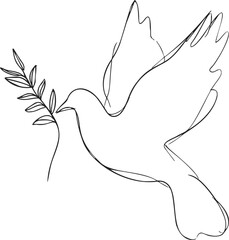 Dove hand drawn sketch, minimalist line art peace symbol with olive branch. Vector illustration