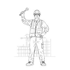 An illustration depicts a construction worker wearing a safety vest and helmet, holding a wrench, symbolizing construction and labor.