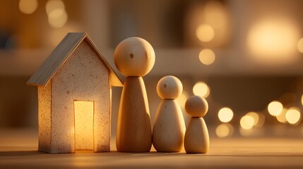 Wooden family figures with house model on table with bokeh background.