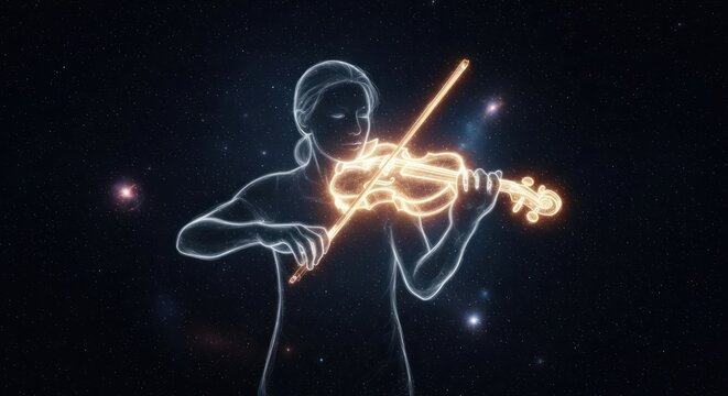 Celestial Symphony: A luminous violinist conjures music among cosmic stars and deep space nebulas