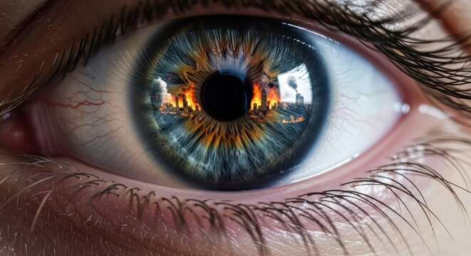 Eye reflecting a dystopian cityscape consumed by fire and industrial destruction
