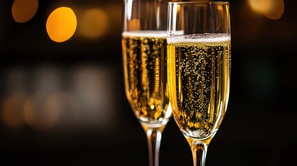 Two glasses of sparkling champagne with bubbles on a dark background